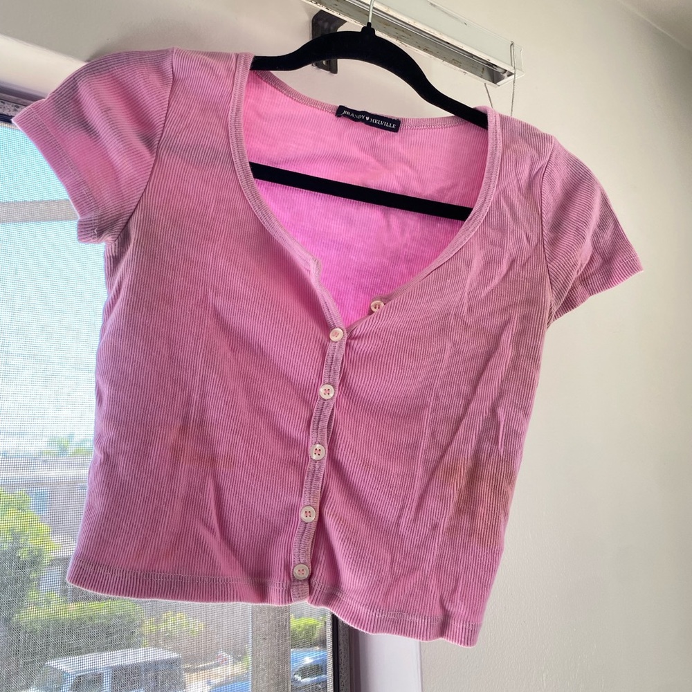 Brandy Melville Pink Ribbed Button-Up Blouse
